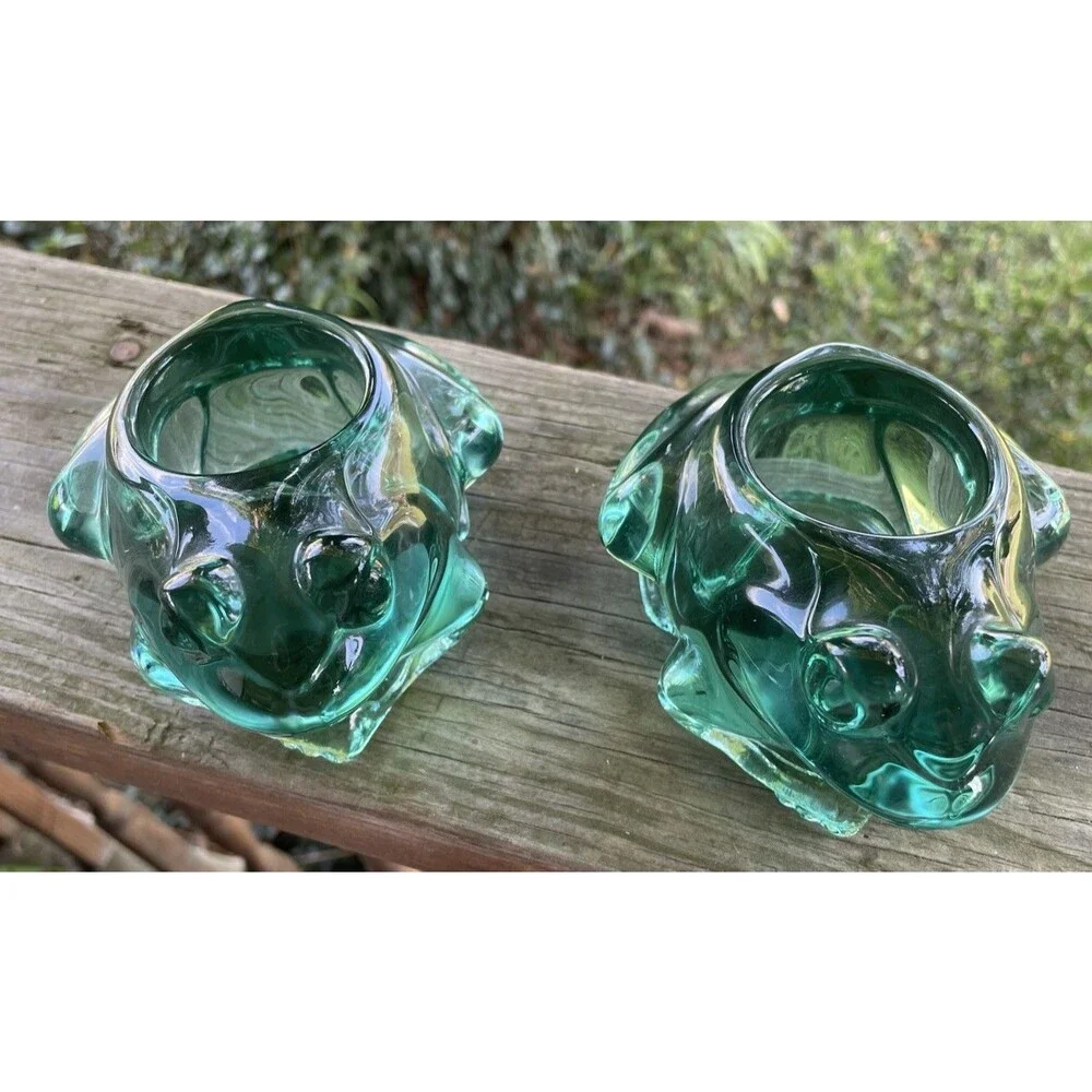 Vintage Green Indiana Glass Frog Votive Candle Holders Paperweight Lot of 2